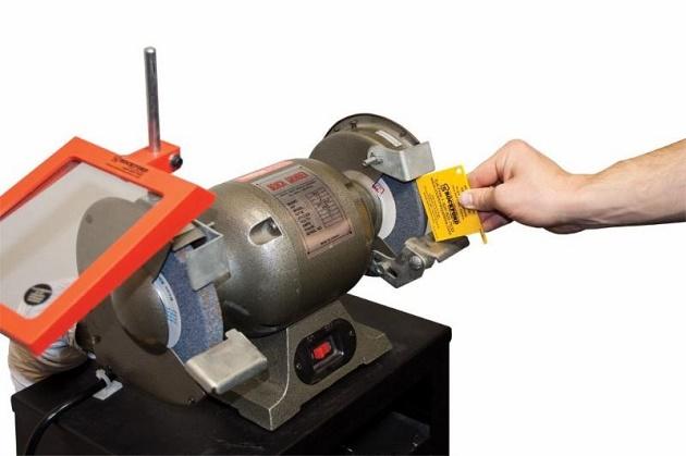 Bench grinder safety gauge from Rockford Systems helps prevent