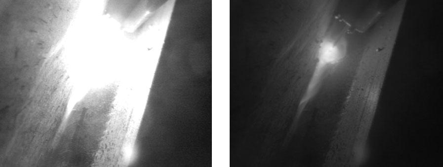 Two black and white images show the difference between different weld monitoring cameras. 