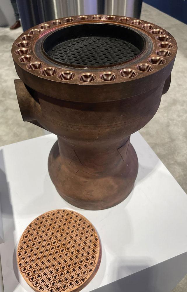 A heat exchanger 3D printed from GRCop-42 copper.