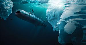 Submarine dives under the ice.