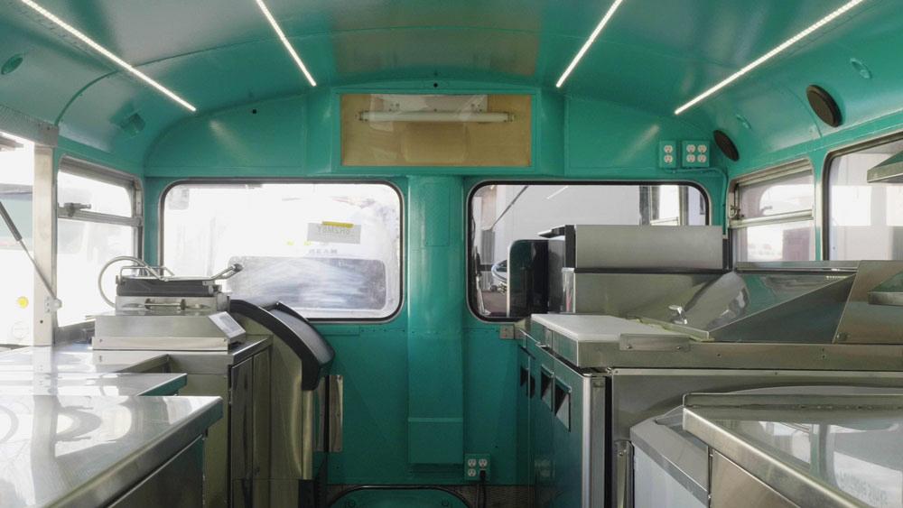 New kitchen in Apollo's refitted double-decker bus