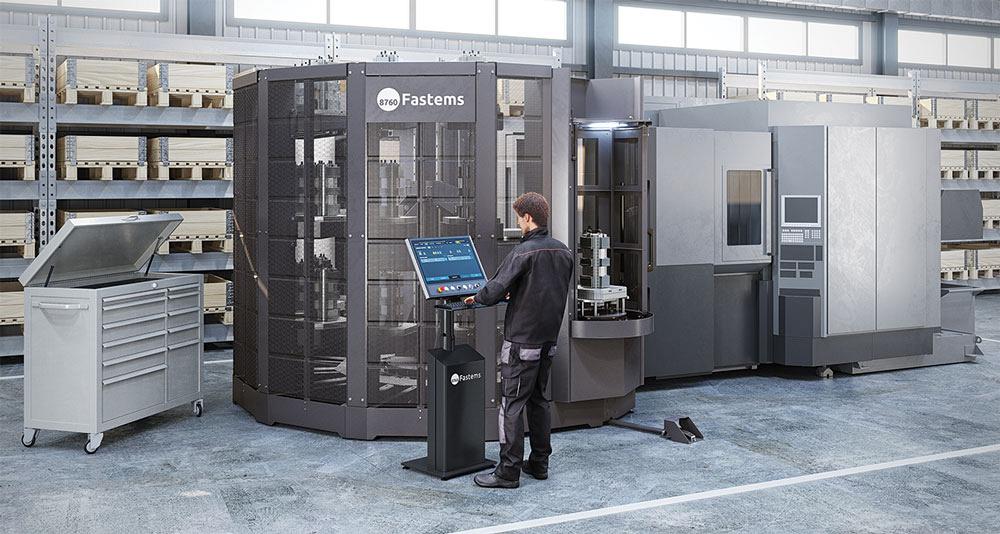 Fastems LLC flexible pallet tower system feeds CNC milling machines
