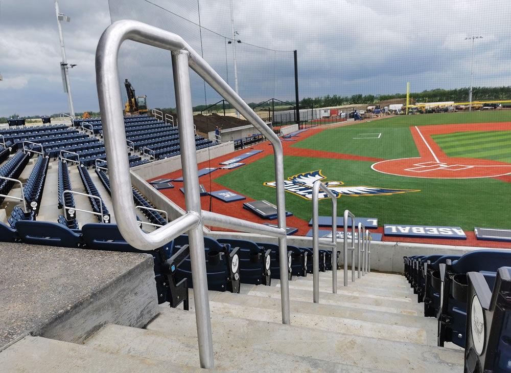 Ppolished aluminum handrails for the Sylvan Lake baseball stadium. 