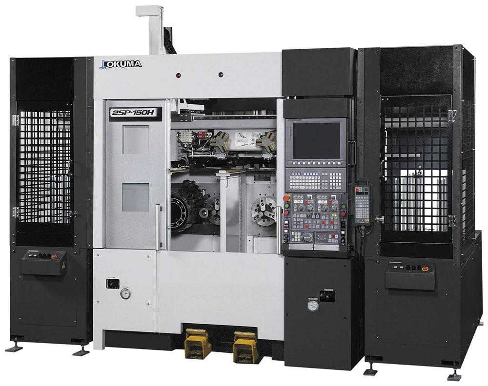 Horizontal CNC lathe features twin spindles
