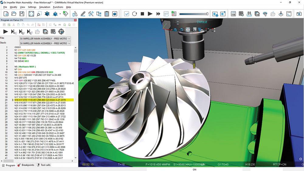 CAMWorks Virtual Machine shows the G-code used to run the 5-axis mill 