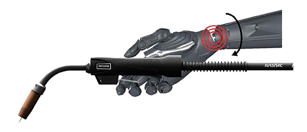 An illustration of a hand holding a Nasarc REVOLVER welding gun shows the area that can be affected by strain.