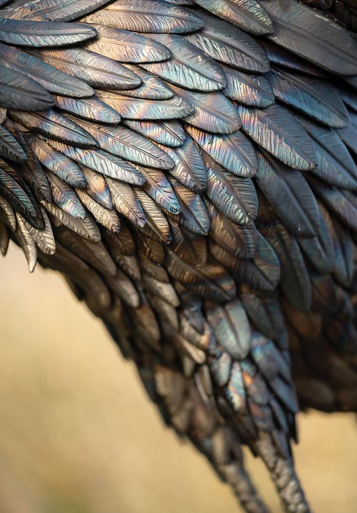 A detailed view of the feathers on the “Blue Heron” sculpture.  