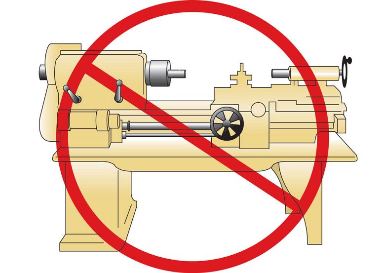 Illustration warning against lathe operations without safety accessories.