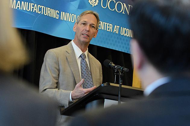 Paul Adams, COO of Pratt &amp;amp; Whitney, speaks at the Pratt &amp;amp; Whitney and UConn Additive Manufacturing Event in the Information Technologies Engineering Building on April 5, 2013. (Photo: Ariel Dowski/UConn)
