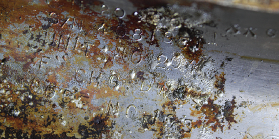 How durable can part marking be? This is the serial number from one of the F1 rocket engines that propelled Apollo 11 to the moon 44 years ago. It was recently recovered from the bottom of the Atlantic
Ocean by a Bezos Family Foundation expedition. Image courtesy space.com