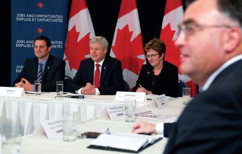 Prime Minister Stephen Harper with Diane Finley, Minister Public Works, and Jeff Watson, MP Essex, sit down with Canadian auto manufacturers during visit to Windsor, Ontario
(PHOTO: JASON RANSOM).