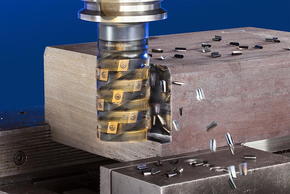 Dry machining is recommended for rough milling steel with tools like the T490 extended flute cutter. Photo courtesy of Iscar Tools.