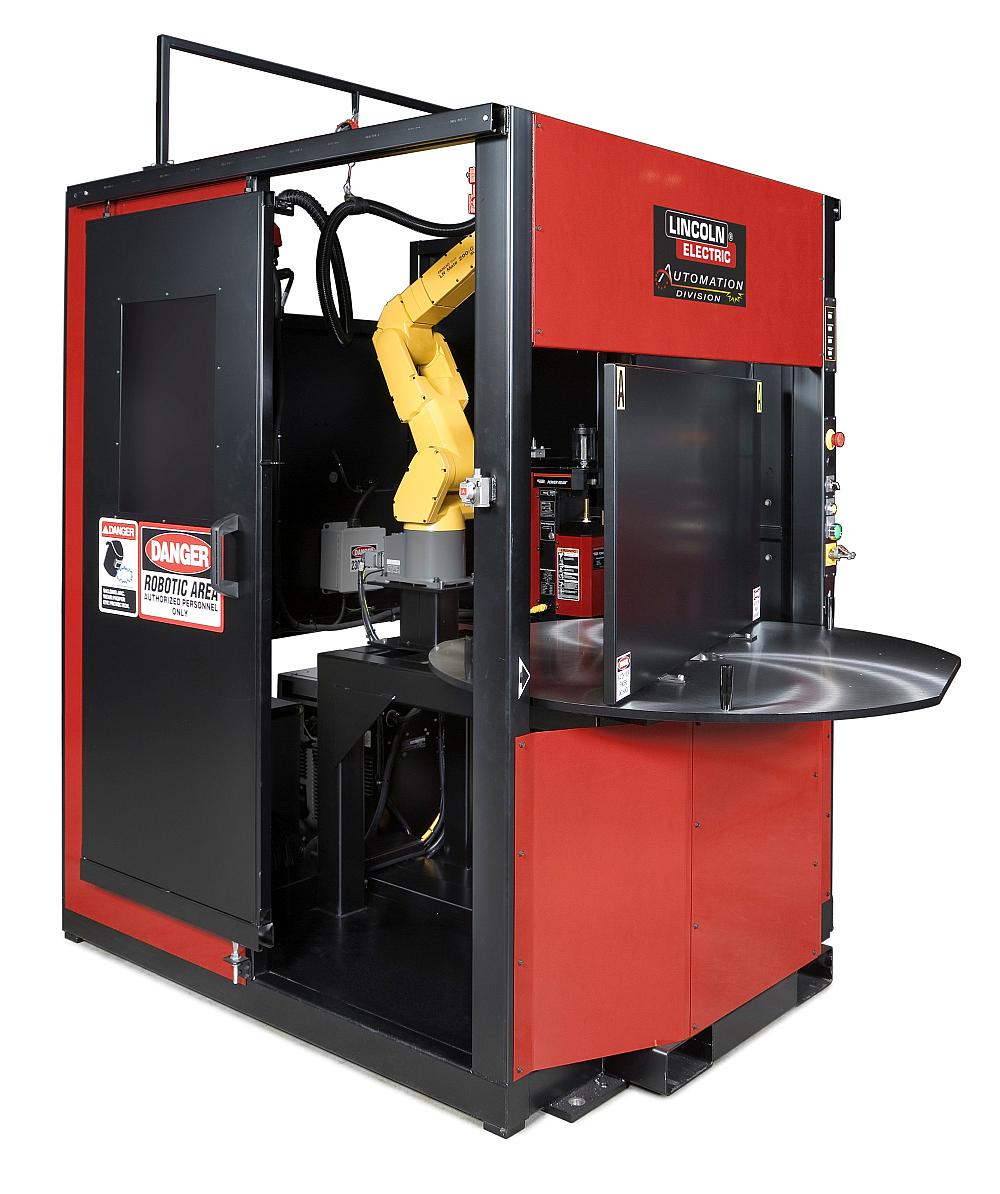 This small welding cell has a turntable work surface so that parts can be loaded and unloaded while the robot is welding. (Photo courtesy of Lincoln Electric.)