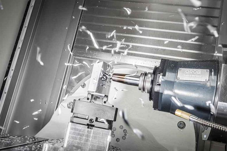 Five-axis machining can produce a complex part quickly, accurately, and in one setup. Photo courtesy of GROB Systems Inc.