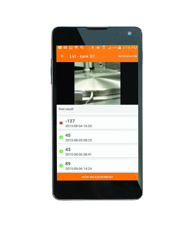 Multiple measurement results, shown on a smartphone, can report passivity progress on a stainless steel item. A photo accompanying the data shows where the test was conducted.