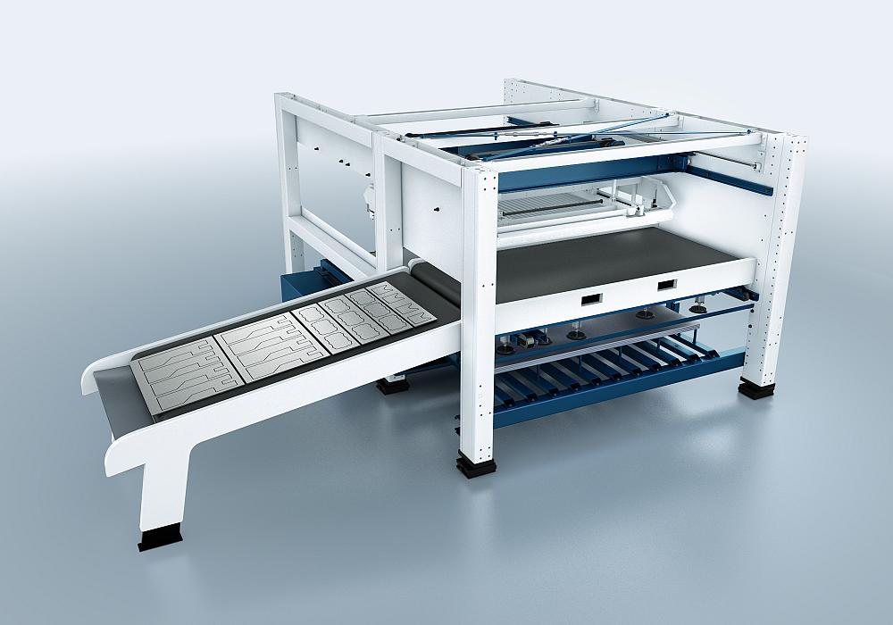 TRUMPF’s PartMaster somewhat bridges the gap between working directly from the pallet and a completely automated process. A conveyor belt delivers processed sheets to an operator who stands in one place to unload and sort the parts. The skeleton is also strategically cut into manageable sections during processing so they can be picked up and easily discarded by the operator.