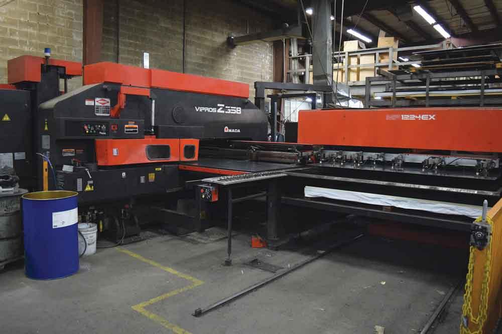 L.J. Custom’s Amada Vipros Z358 with sheet loader, which runs lights-out nights and weekends when needed. 