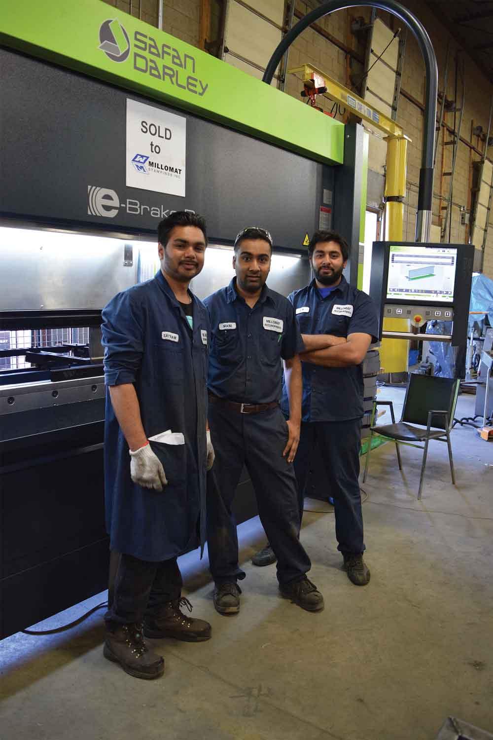 Press brake operator Vipondeep (l) with Mani (centre) and Junior Sehmbi in front of their new SafanDarley E-Brake 100-3100. 