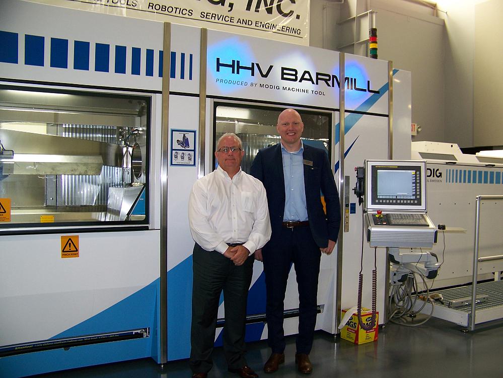 Bill Mara, president of EMEC Tools, Inc., and David Modig, president of Modig, are shown with the HHV BarMill at the Operation Game Changer event held at Hartwig Inc. in Irving, Texas.