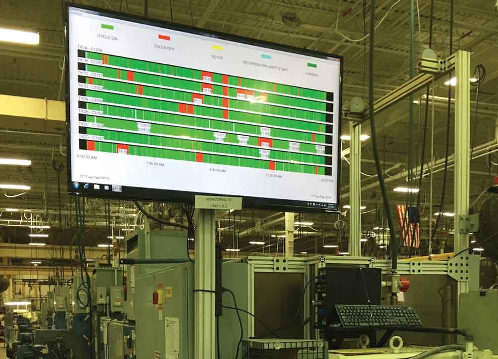 A dashboard displays cycle information for eight machines using Port CNC’s eNETDNC software. Photo courtesy of Port CNC.