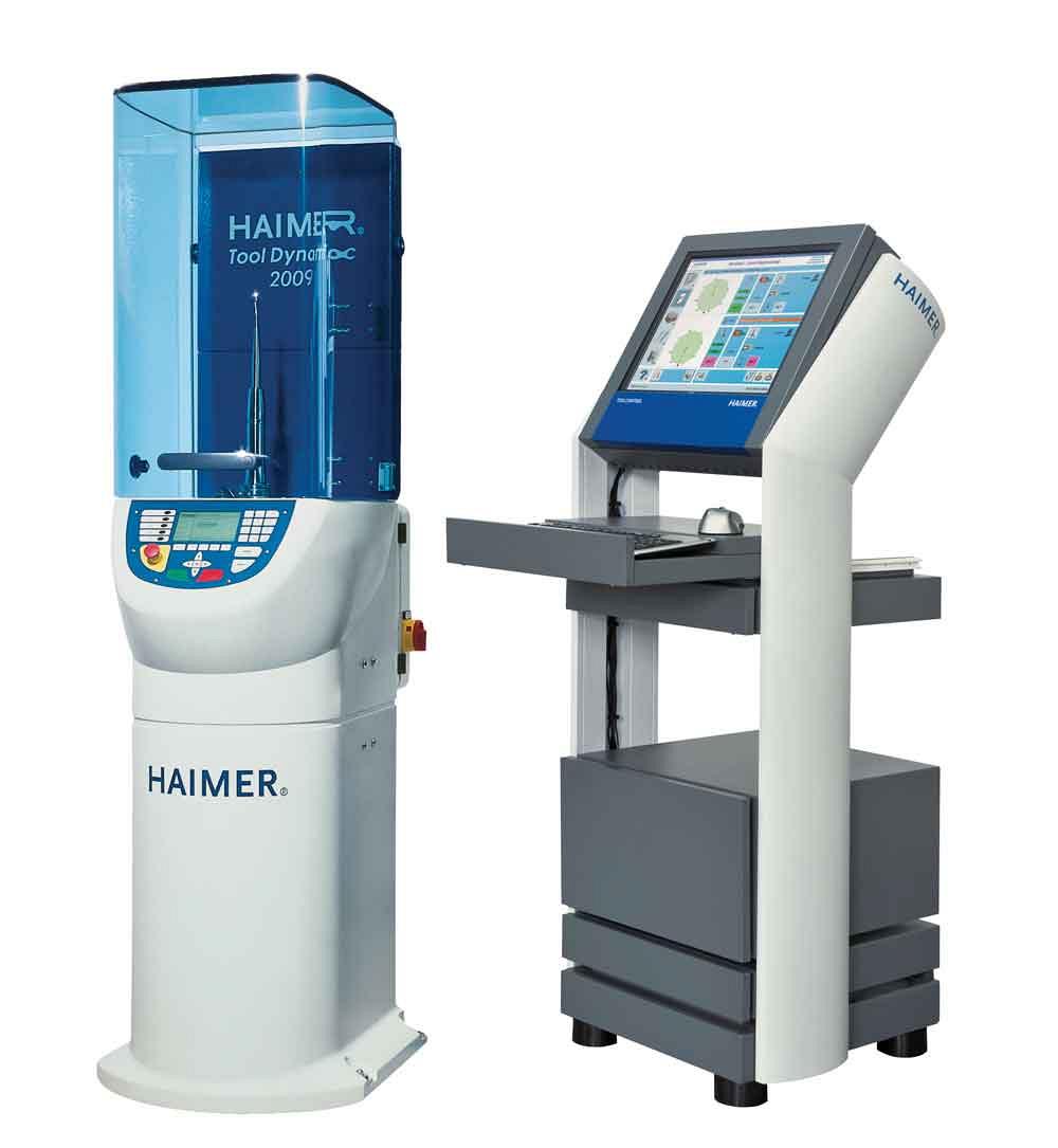 Balancing machines like the Haimer Tool Dynamic use sensors to take a series of measurements to determine the balance or amount of unbalance in a tooling assembly. If the assembly is unbalanced, a series of options tell the operator how to bring it into balance. Photo courtesy of Haimer USA.