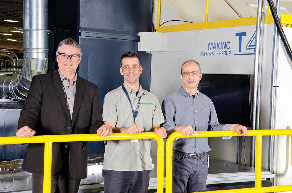 Left to right: Christian Ouimet, managing director of machining and integrated structures operations; Patrick Deschenes, CNC programmer; and Christian Perry, CNC programmer team leader, technical services, of ATEP Laval are on the bridge of the company’s new Makino T4.