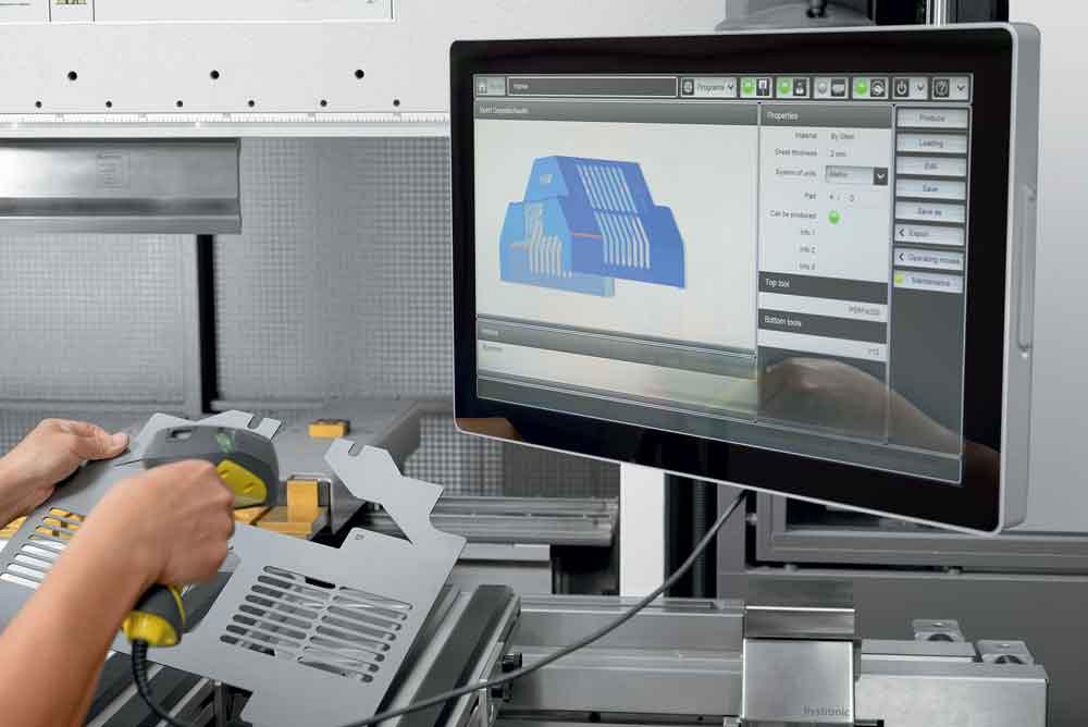 A QR code added to a part during laser processing is scanned to identify and select the correct bending program. Photo courtesy of Bystronic Inc.