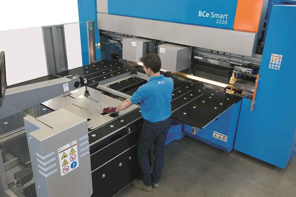 Prima Power's BCe Smart semi-automated panel bender is designed with fewer options to lower the cost of the machine, thus attracting potential users put off by the high cost of fully automated panel benders. Photo courtesy of Prima Power. 